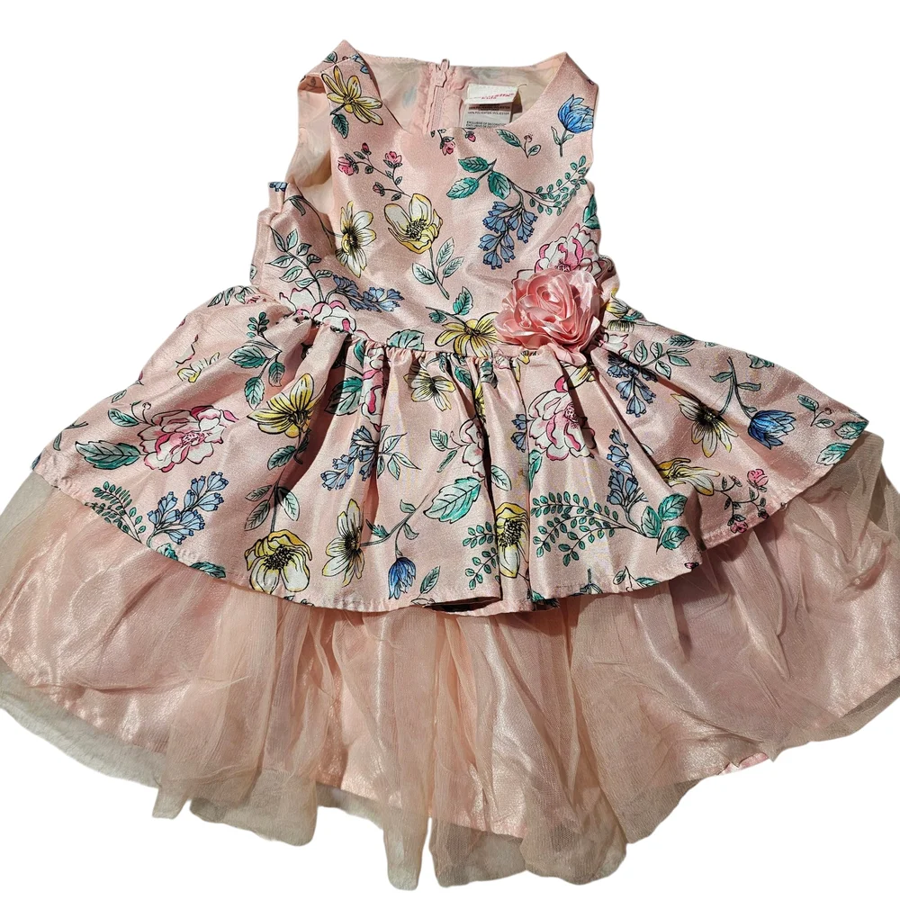 Floral Pink Sleeveless Dress with Tulle Skirt‎